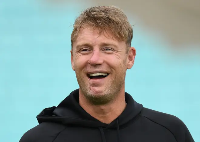 Andrew Flintoff of England smiles during an England net session at The Kia Oval